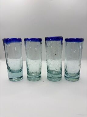 Handblown Glass Shot Glasses with Cobalt Rim - Set of 4